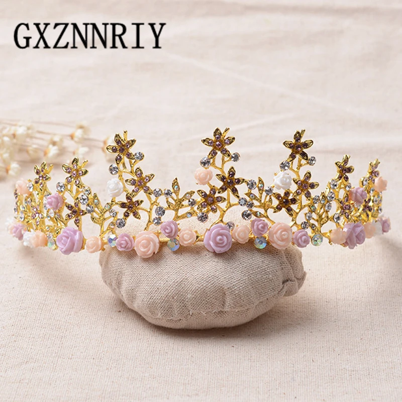 

Resin Flower Vintage Gold Crown Headband Bridal Wedding Hair Accessories Bride Tiaras and Crowns Women Fashion Party Jewelry
