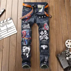 Дизайнеры 2018 Для Мужчин's Джинсы для женщин Высокое качество Вышивка Тощий Панк Жан патч Байкер хип-хоп зимние джинсовые Для мужчин S Джинсы