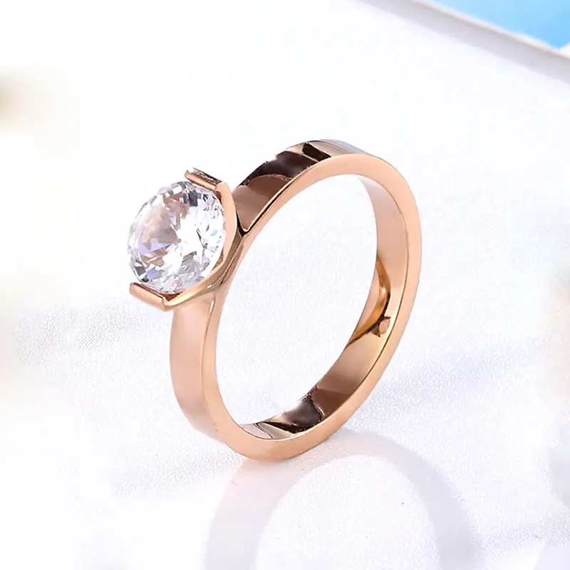 1 Carat Crystal Ring for Wedding Titanium Steel Gold Color Jewelry Woman Ring