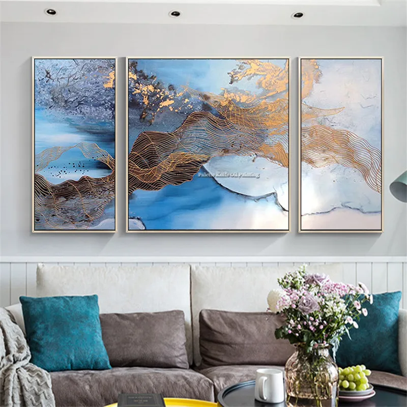 3 pieces abstract painting on Canvas blue acrylic painting Wall art Pictures for living room quadros caudros decor decoracion
