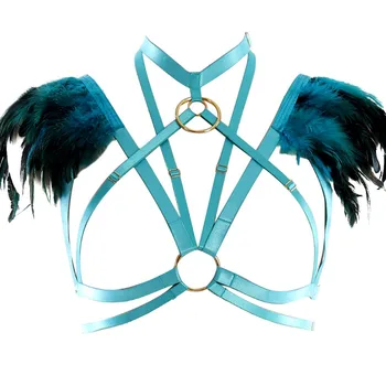 

Feathers Shoulder Epaulettes Body cage Harness Bra Strappy Cage Harajuku Tassel Garter Belts Festival Rave Women Art clothing