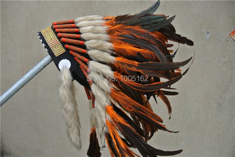 

21 inch high orange Indian feather Headdress native handmade war bonnet cosplay costumes supplies decor