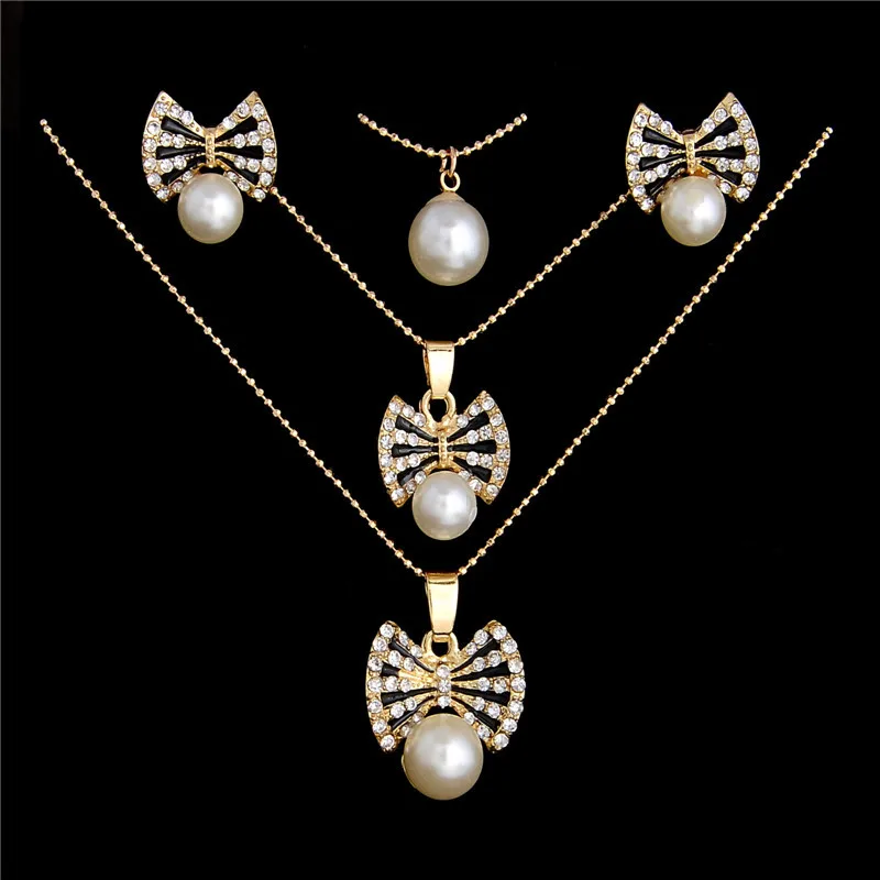 

Princess Mutillayer Imitation Pearl Jewelry Sets Crystal Bow Jewelry Sets Earrings Necklace Fashion Jewelry Set