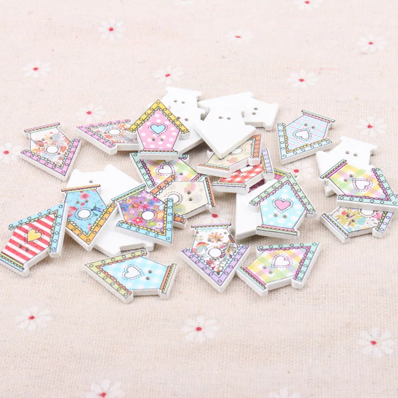 

Wooden Buttons Cute Colorful mini house Shape Decorative Sewing Buttons 2 Holes Scrapbooking Crafts DIY 21x27mm 20PCs