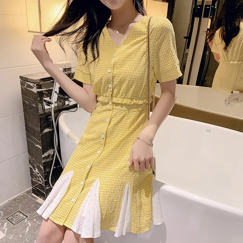 Summer Dress Women Yellow Plaid Vintage A-line Short Sleeve Fashion Ruffles Korean Style Casual Party Female Vestido | Женская одежда
