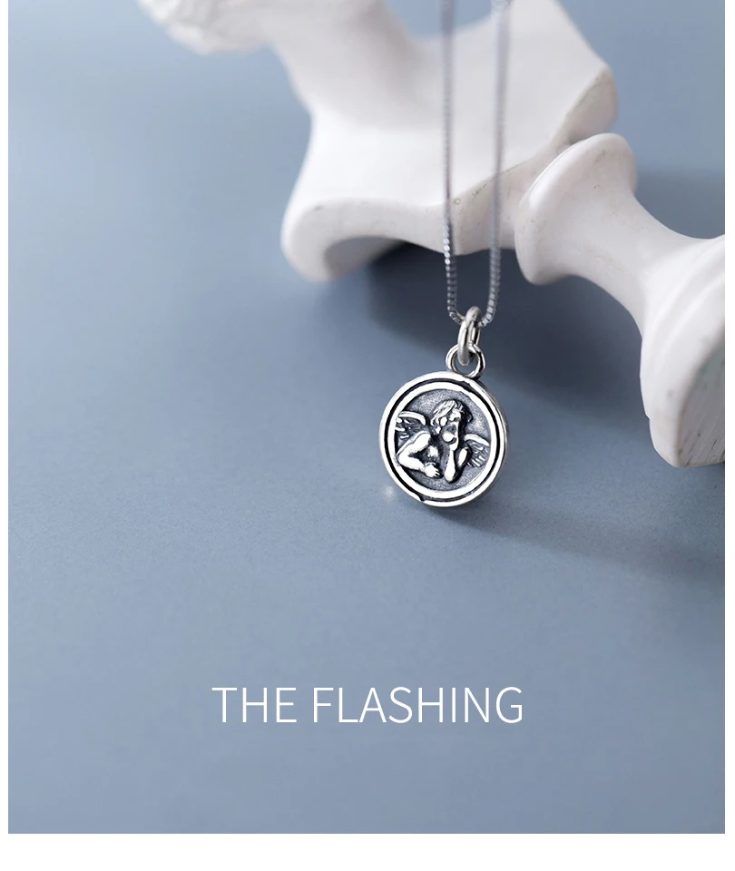 Vintage Sterling Silver Angel Necklace S925 Retro Round Coin Pendant Necklaces For Women Jewellery Collar De Moneda Bijoux 2019 (2)