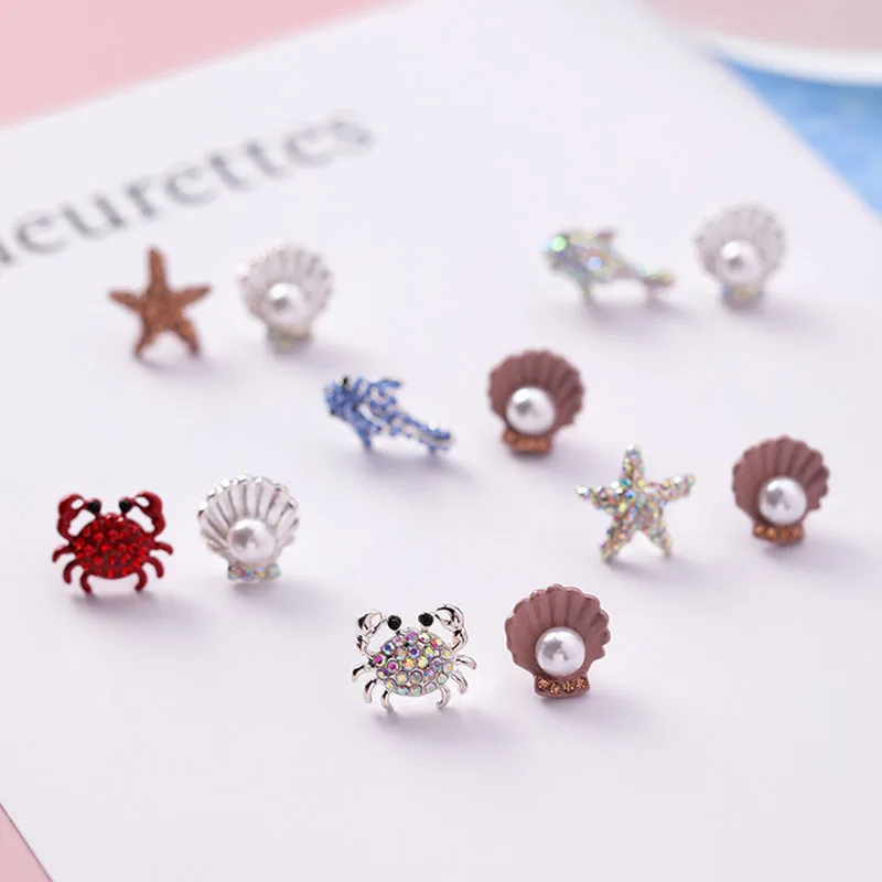Cute Korean Rhinestone Ocean Starfish Dolphin Crab Stud Earrings for Women Creative Shell Pearl Fashion Jewelry MJ1433 | Украшения и