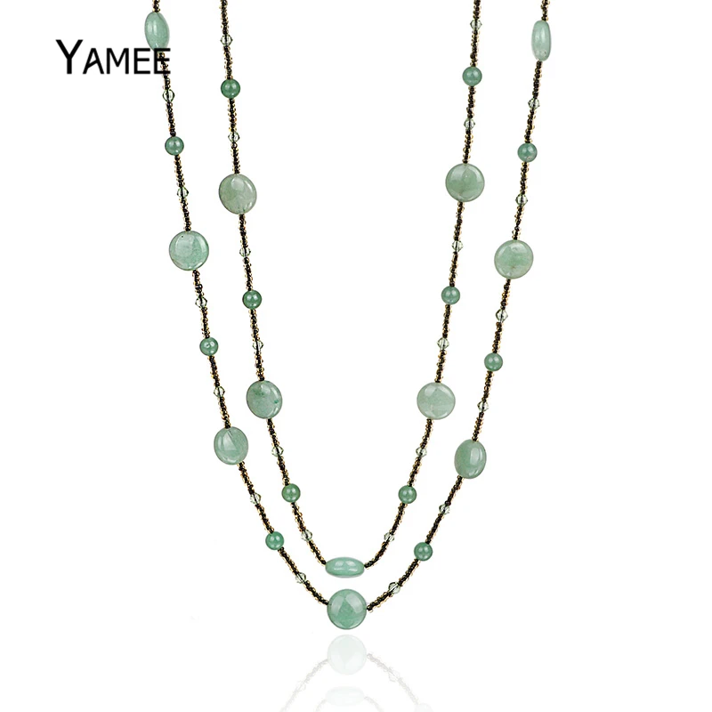 Handmade Natural Aventurine Long Necklace Flat Round Green Gem Stone