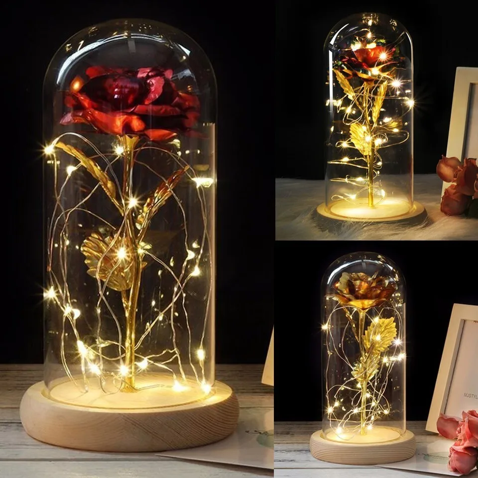  Rose In Flask Night Lamp Luminaria Lampara Red Rose With Led Light In Glass Dome For Wedding Party  - 33047718869