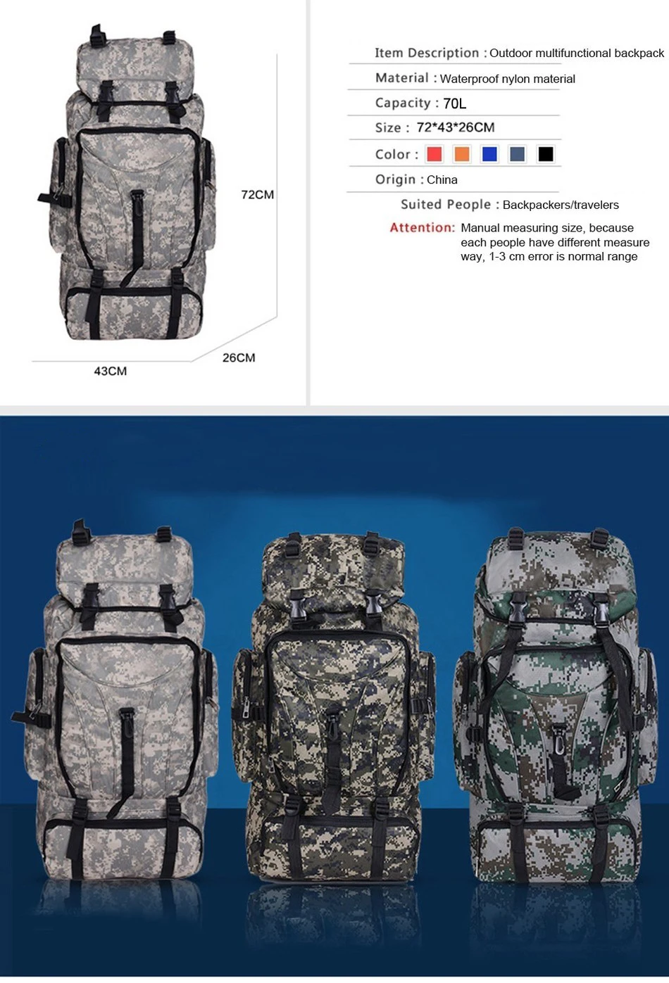 70L Men Tactical Bags Outdoor Sport Bag Waterproof Hiking Camping Bags Travelling Trekking Backpack Military Camouflage Bag (2)