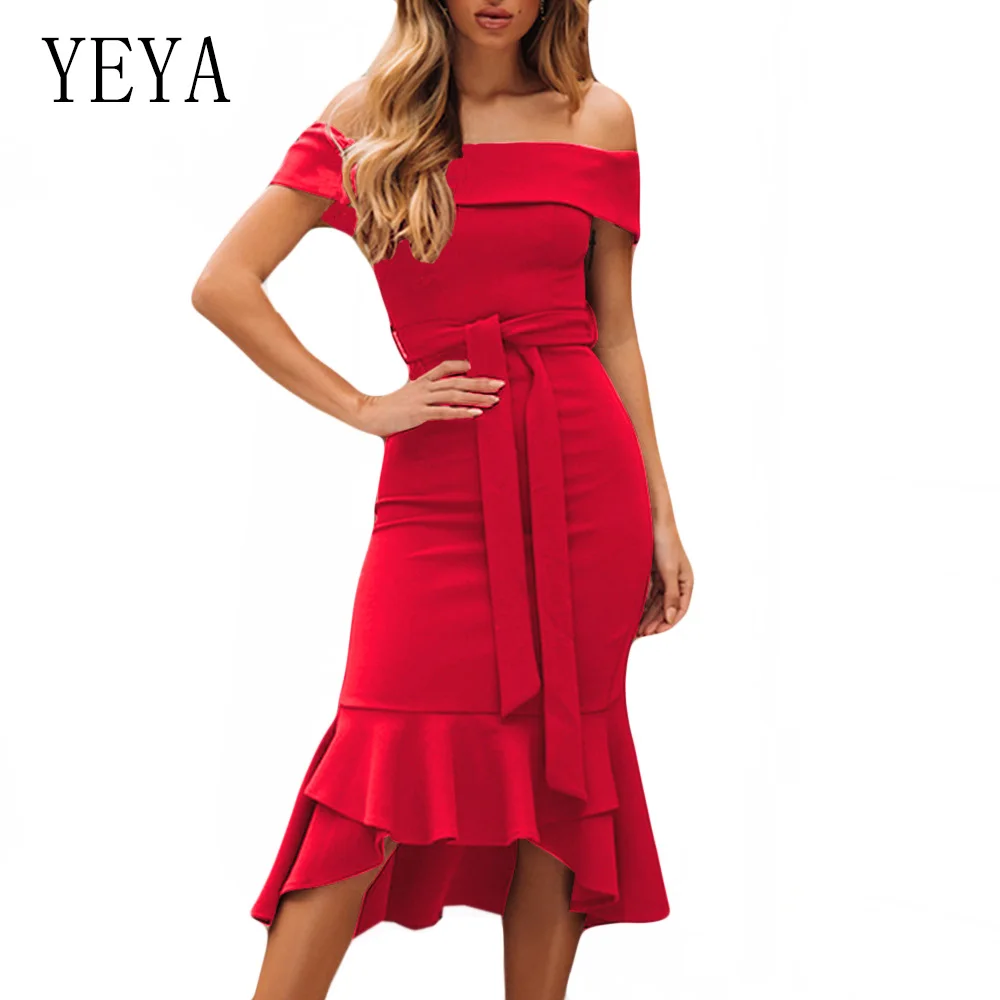 

YEYA Summer Women Off Shoulder Slim Irregular Ruffles Dress Lady Elegant Lace Up Bodycon Workwear Dress Fsahion Party Wear