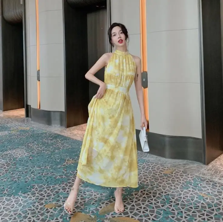 

Yellow Women Summer Dress Halter Irregular Lace Up Long Dress Sleeveless Printing Boho Maxi Dress Party Holiday Vestidos