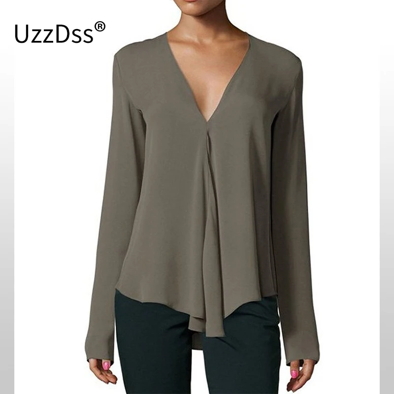 

UZZDSS Autumn Vintage Women Chiffon Blouse Shirt V-Neck Long Sleeve Female Tunic Casual Plus Size Blouse Kimonos mujer 2018