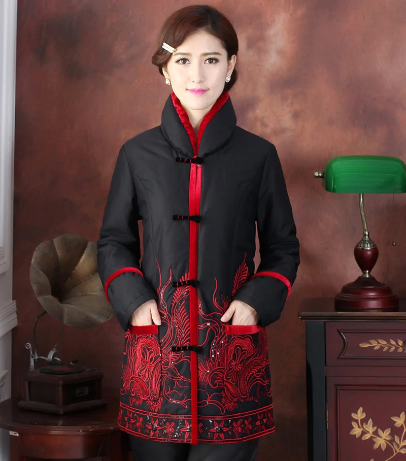 Новинка Китайская традиционная Для женщин зима вышивать цветок блестки стеганая куртка пальто L XL XXL 3XL 4XL TF 015