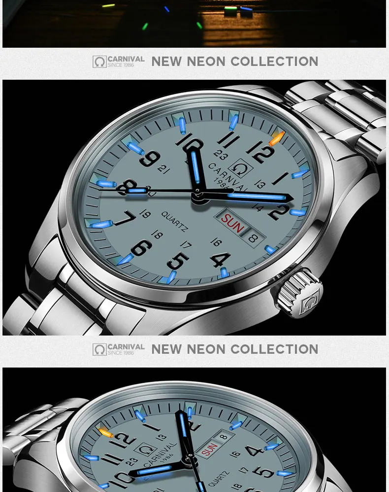 Quartz movement Double calendar Date Tritium Luminous military watch waterproof 30M CARNIVAL Luxury Business Watches Mens