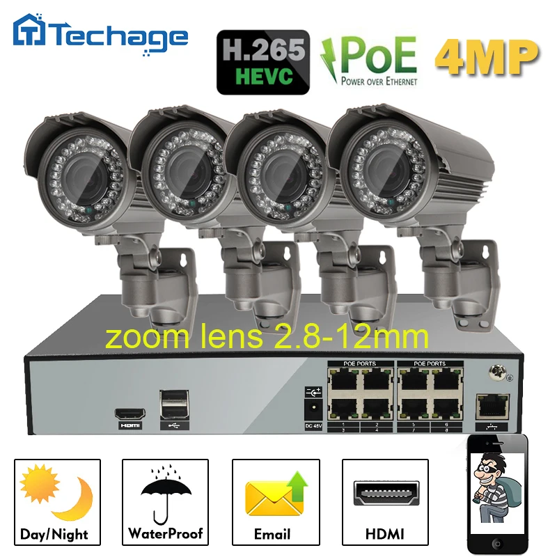 

New 8CH 4K H.265 POE NVR Set 4PCS 4.0MP Zoom 2.8mm-12mm 48V PoE IP Camera P2P CCTV System Night Vision Security Surveillance Kit