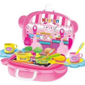 

Pretend Play Children simulation kitchen cooking tableware suitcase Kids Plastic toy set Child Christmas Gift