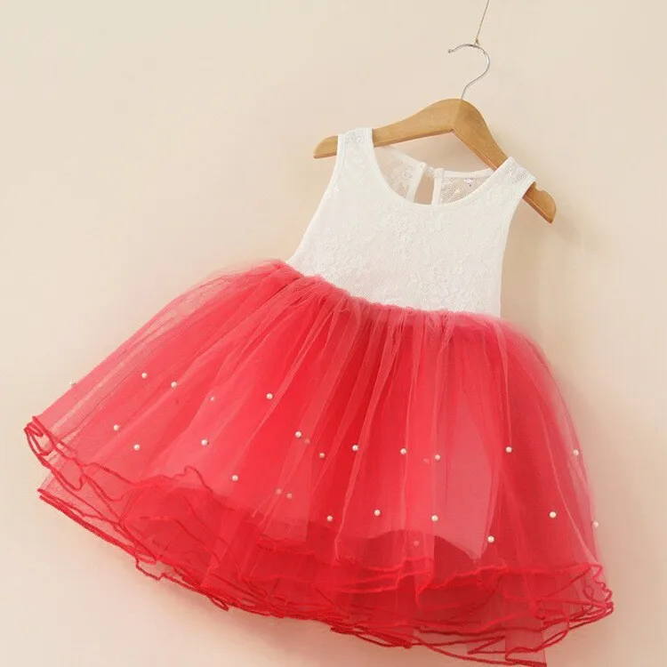 Patchwork Cute Baby Girl Dress Clothes Lace Vest Pearls Kids Dresses for Girls Clothing Holiday Wear Vestido Infantil Baby Pink - Цвет: Red