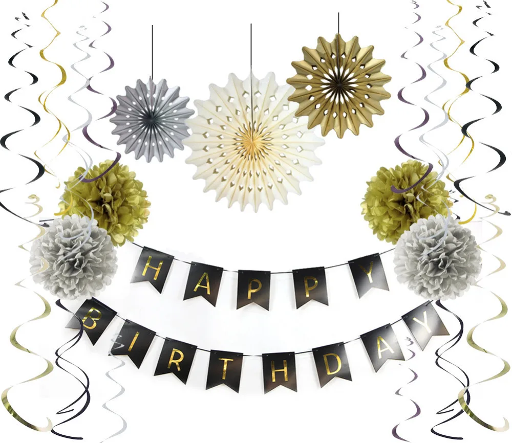 Set of 9 Black and Gold Birthday Decor Pom Pom Flo...
