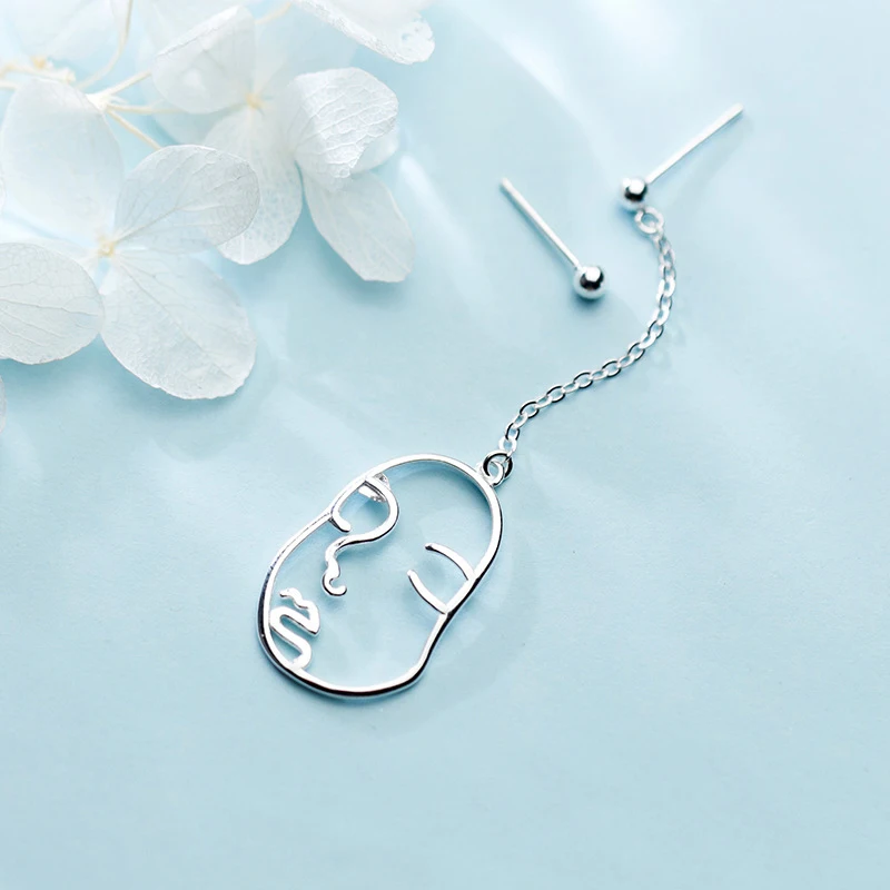 

MloveAcc Pure 925 Sterling Silver Human Face Dangle Drop Earrings for Women Party Gifts Asymmetry Earrings Brinco Christmas Jewe