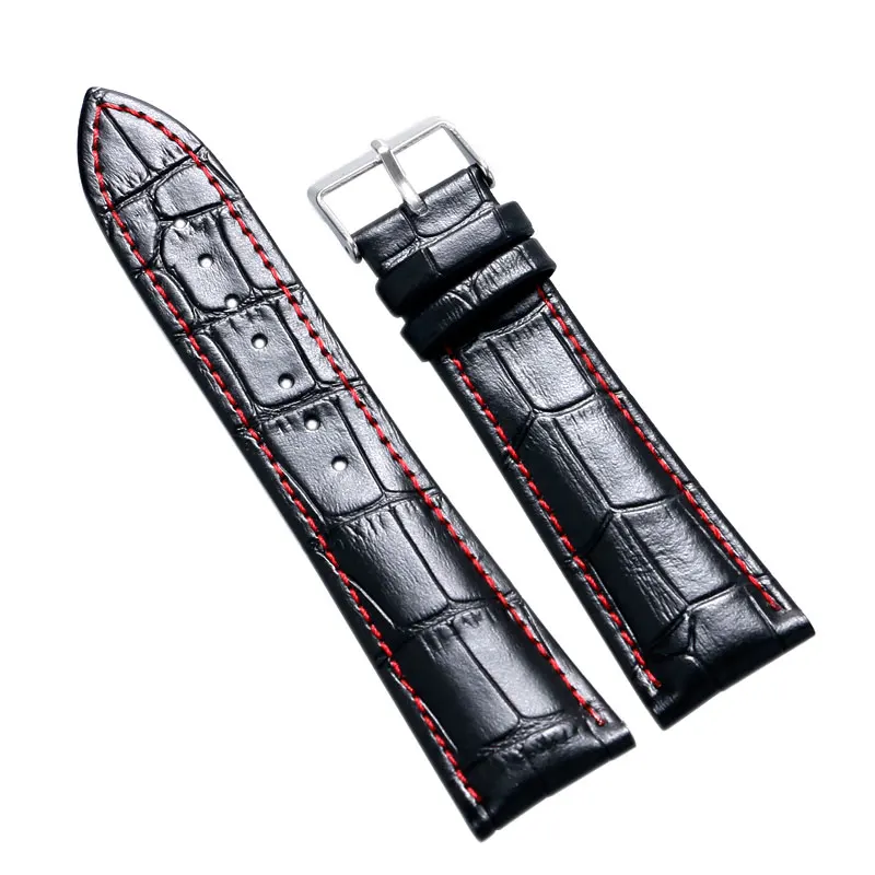 

18/20/22/24mm Black Genuine Leather Watchband Red Line Pin Buckle Strap Men Women Watches Replacement Bracelet +2 Spring Bars