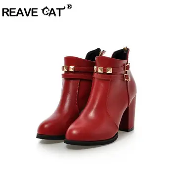

REAVE CAT Winter Leather shoes Block high heels Boots short booties back zipper Buckle wedding shoes red black big size 45 46
