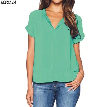 

Women's Simple Solid V-Neck Short Sleeve Pullover Blouse European and American Style Casual Summer Blouses