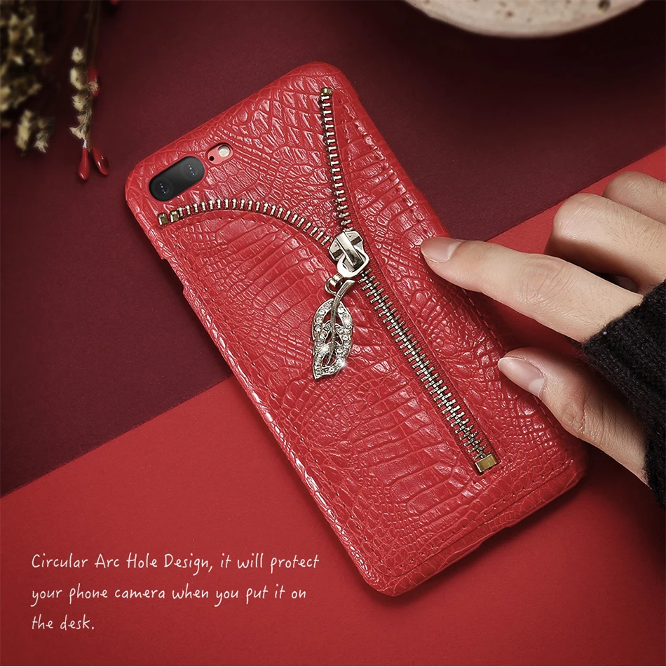 Zipper Leather Case For iPhone 6 6S 7 Plus 5 5S Rhinestone Leaf Crocodile Pattern (7)