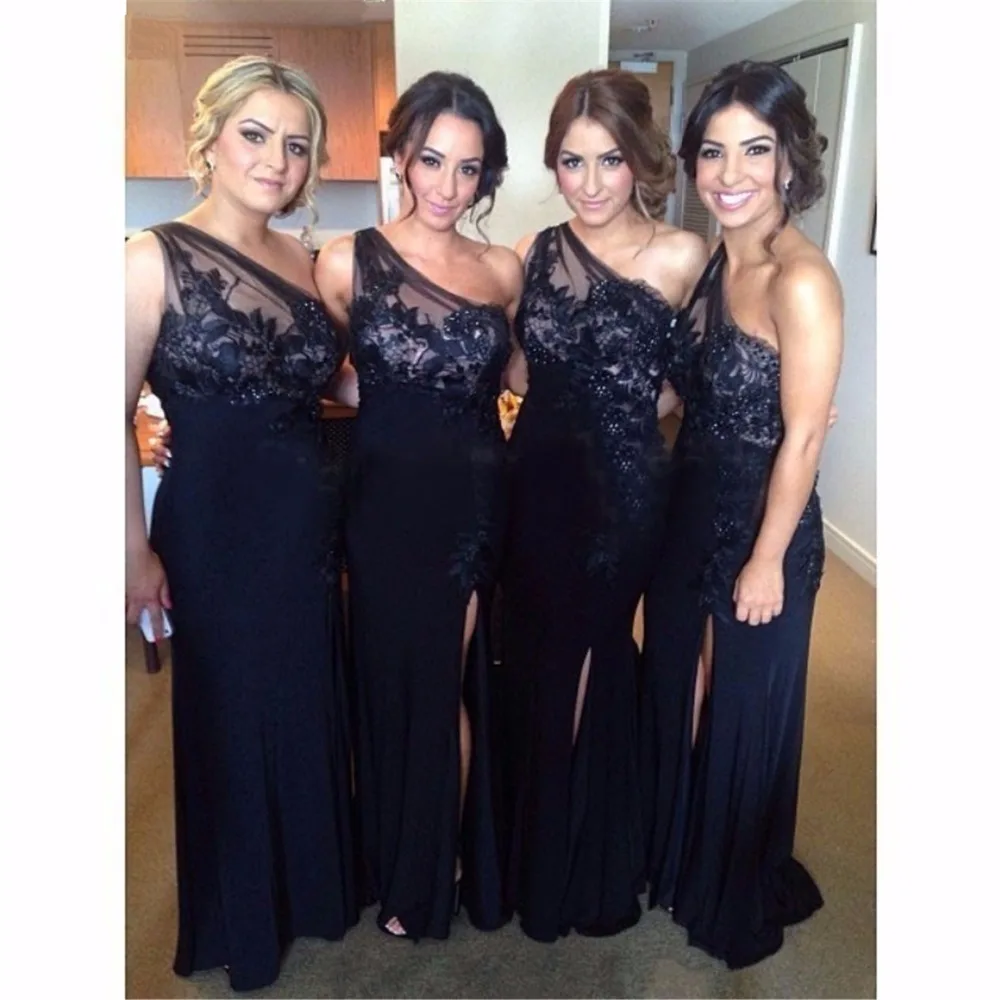 

Custom Made One Shoulder Navy Blue Bridesmaid Dress Lace Appliques Slit Side Wedding Party Dress 2016 New