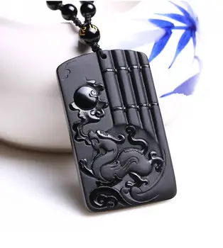 

Koraba Fine Jewelry 100%Chinese Natural Obsidian Stone Hand Carved Dragon Pendant Necklace Free Shipping