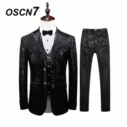 OSCN7 свободное, облегающее черным принтом 3 предмета костюмы Для мужчин 2019 жениха Свадебные костюмы для мужчин модные вечерние костюм из 3