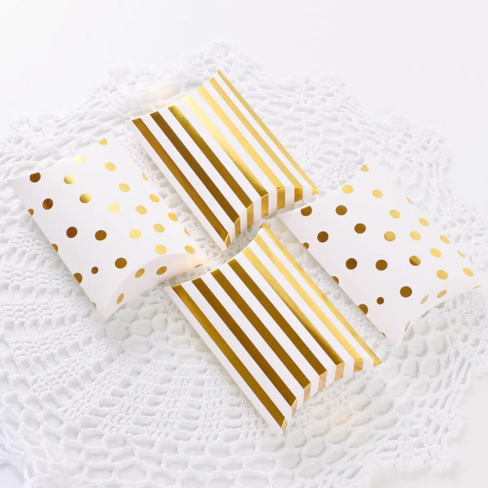 

Paper Bag Pillow Shape Box Golden Striped Dots Paper Box Bag Candy Box Wedding Packaging Kid Party Chocolate Wrapping Decoration