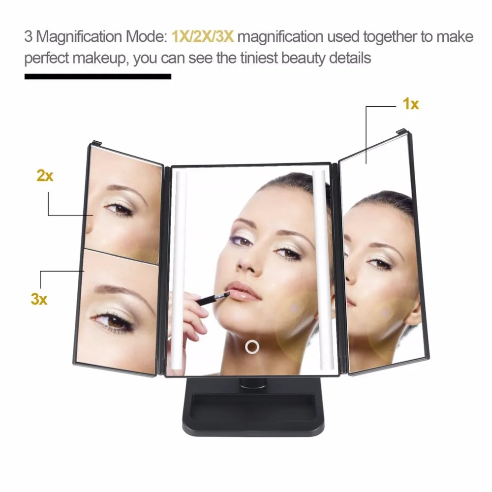 

LED Light 3-folding Makeup Mirror Touch Screen 1X/2X/3X Desktop Magnifying Mirror with Compact 10X Magnifier Mirror new