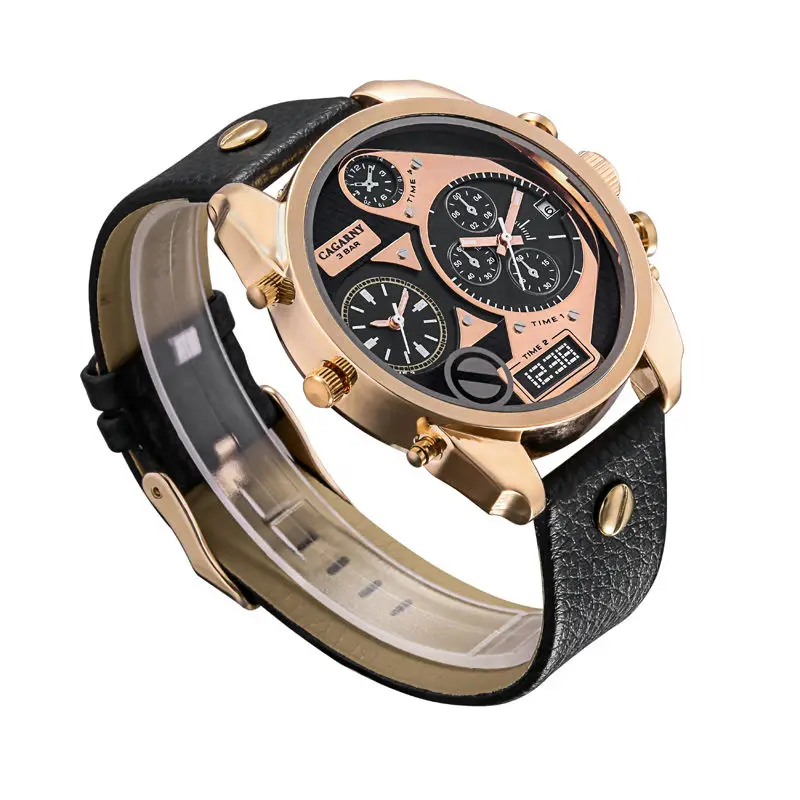 Cagarny-relógio de Quartzo Masculino com Pulseira de Couro Fusos Horários Duplos Caixa em Ouro Rosa e Relógios de Pulso Militares - Image 3