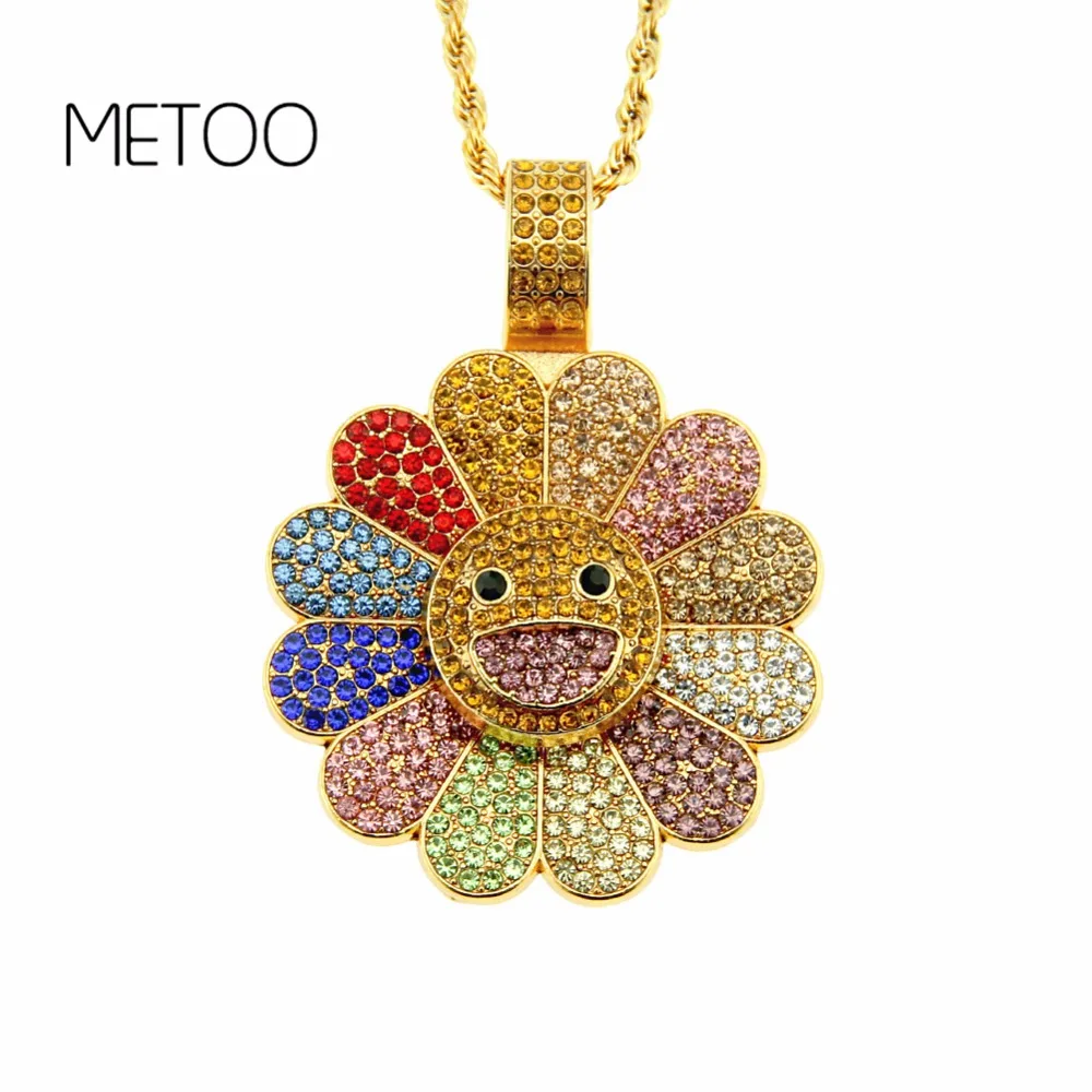 

2019 Men Hip Hop Iced Out Pendant Necklace Takashi MURAKAMI Sunflower Necklace Rotatable Smile Rotation Hiphop Rainbow Jewelry