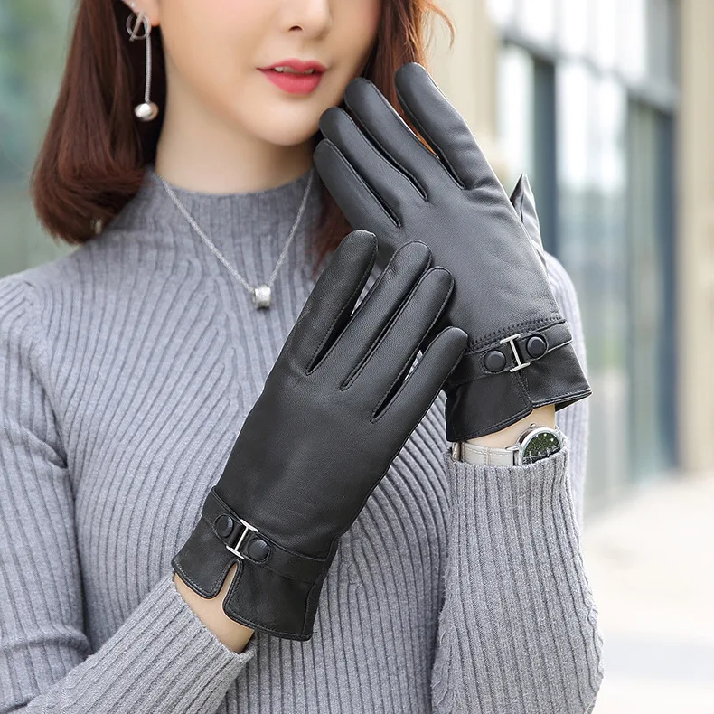 

100% Sheepskin Gloves for Women Brand Warm Solid Color Female Genuine Sheep Leather Mittens Lady Fashion Party Gloves WA550