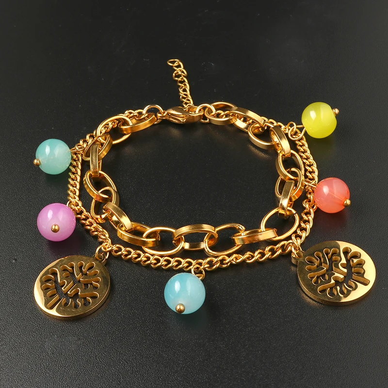 

Charming Life of Tree Tag Link & Chain Bracelets Adjustable Gold Color Double Chain Colorful Charm Bracelets for Women Gift
