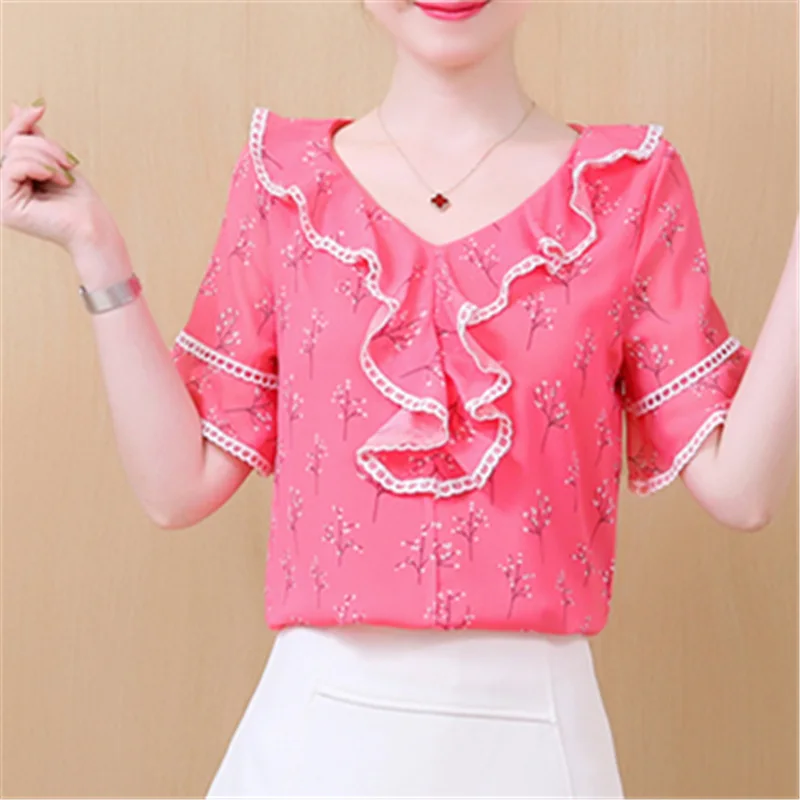 

2019 New Fashion Summer Women Blouses And Tops Office Ladies V Neck Butterfly Short Sleeve Clothing Print Female Shirts Blusas