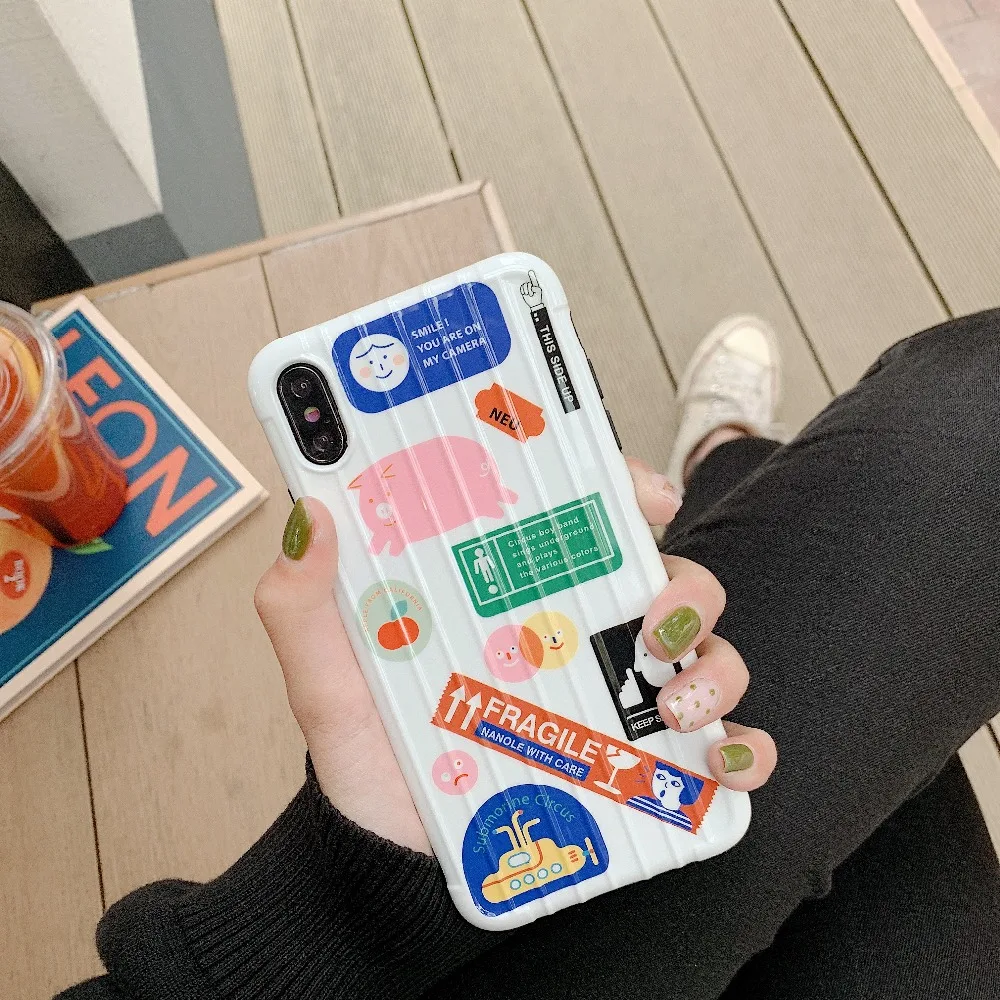 

For iPhone 7 8 Plus XS Max/XR Case Luggage Suitcase Phone Case For iPhone 7 Plus X 6s 6 Plus Cartoon Label Pattern Soft Cover