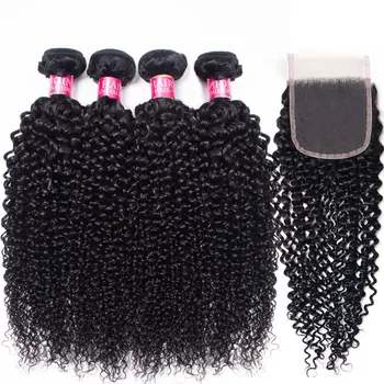 Mongolian Afro Kinky Curly 2/4 Bundles With Closure Human Hair Bundles With Closure Brazilian Hair Weave Bundles With Closure 1
