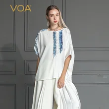 VOA/ шелк Лето Сращивание Mujer De Moda Белый Элегантный Camisetas Mujer Verano Feminina Falbala рукав «летучая мышь» футболка для женщин B562