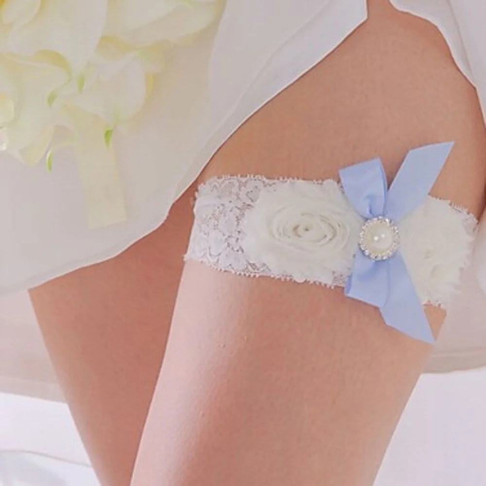 

Elegant White Lace Bridal Garter Blue Pearl Bowknot Decoration Floral Garter Belt Sexy Lady (Size: 0, Color: White)