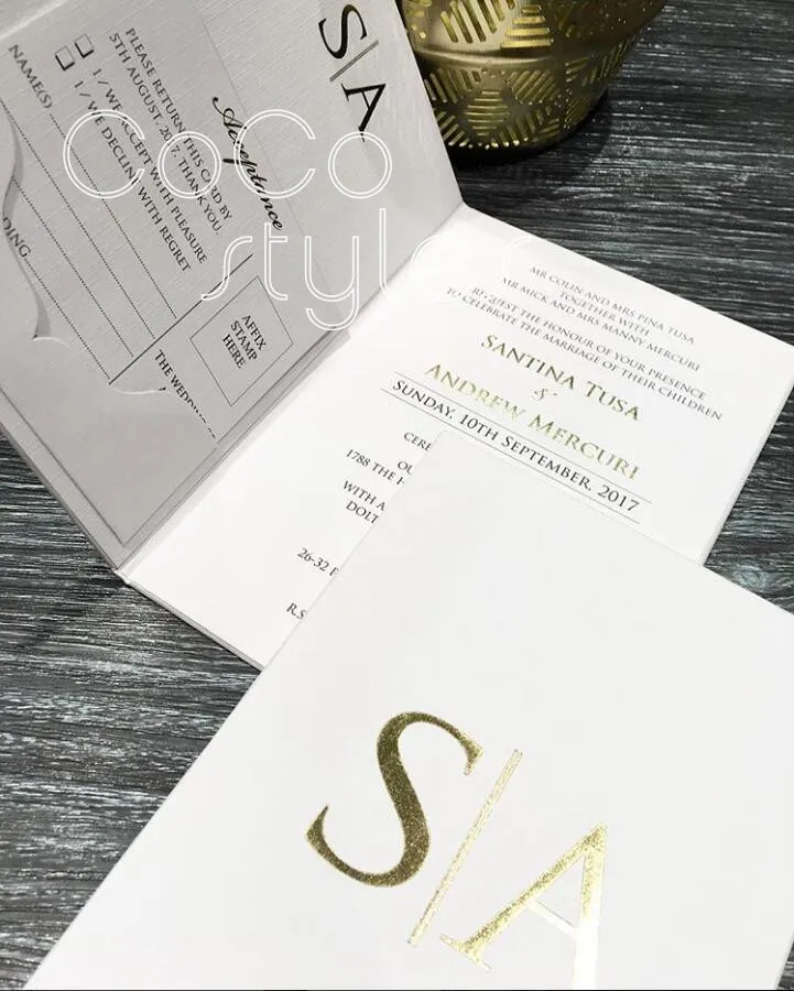  Cocostyles bespoke modern foiling folded hard cover invitation card with pocket for talented weddin - 32881011104