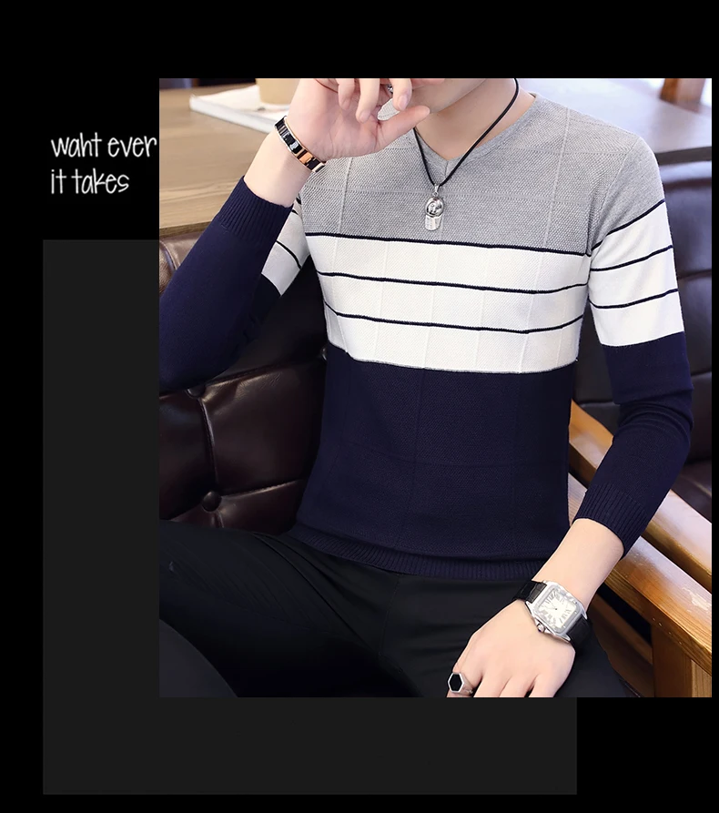 Осень 2019 Новый мужской свитер с v-образным вырезом Молодежный полосатый свитер тренд культивирования морали