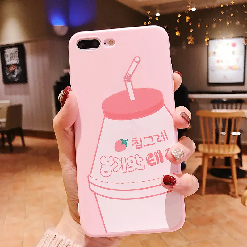

Strawberry milk bot For iPhone Xs XR Max Mobile Phone Shell For iPhone 6s 7 8 Plus Pure color Soft Anti-knock Mobile Phone Shell