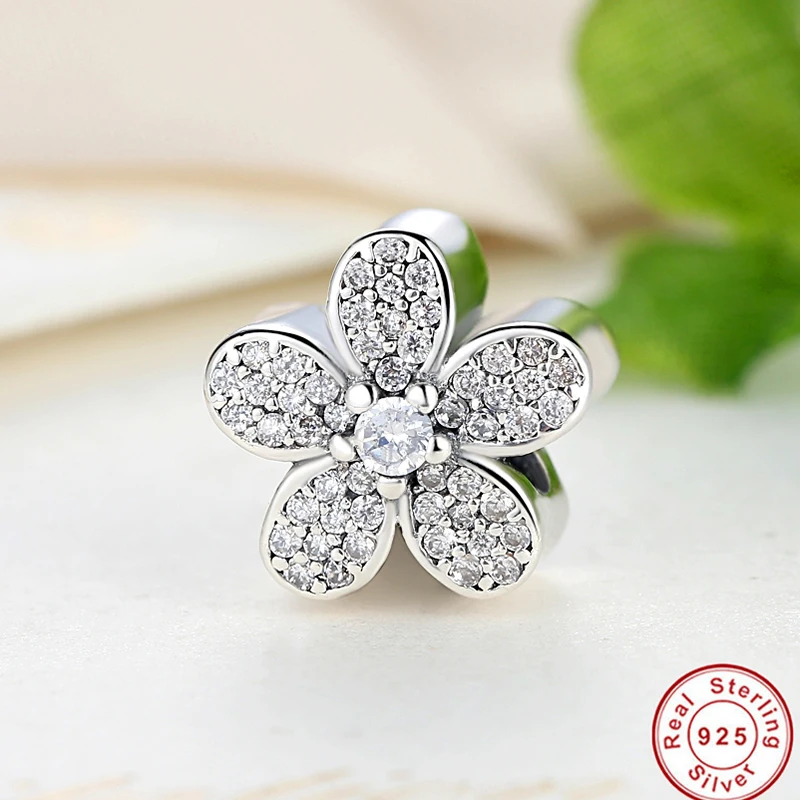 

Drop shipping!100% 925 Sterling Silver Dazzling Daisy Plant Charm Fit Bracelet With Clear Cubic Zirconia DIY Accessories Jewelr