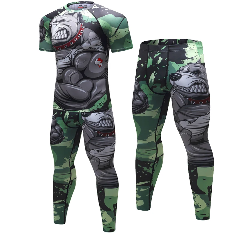 Baratos Trajes deportivos de compresión para hombre, de secado rápido, MMA con estampado 3D, ropa deportiva, gimnasios, Fitness, chándales, Rashguard 2 unids set