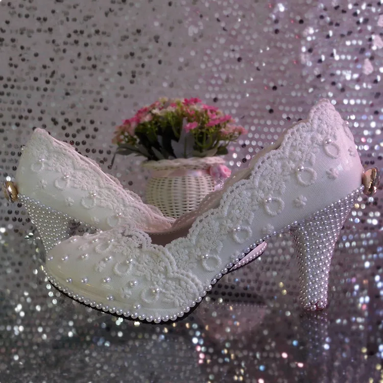 Lace flower wedding shoes high heeled platform white pearl crystal bow bridal shoes bridesmaid shoes