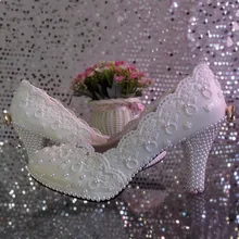 Lace flower wedding shoes high heeled platform white pearl crystal bow bridal shoes bridesmaid shoes