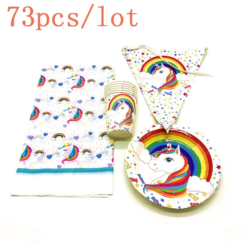 

73pcs Rainbow Unicorn Theme Design Disposable Cup Plate Flag Tablecover Baby Shower Kid Birthday Party Banner Decoration Supply